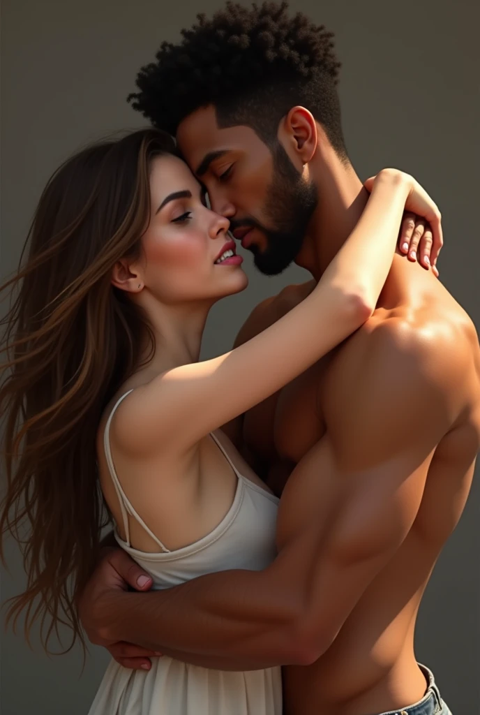 Draw a white-skinned woman,Brown hair, brown eyes hugging a black-haired man with somewhat dark skin and black hair 