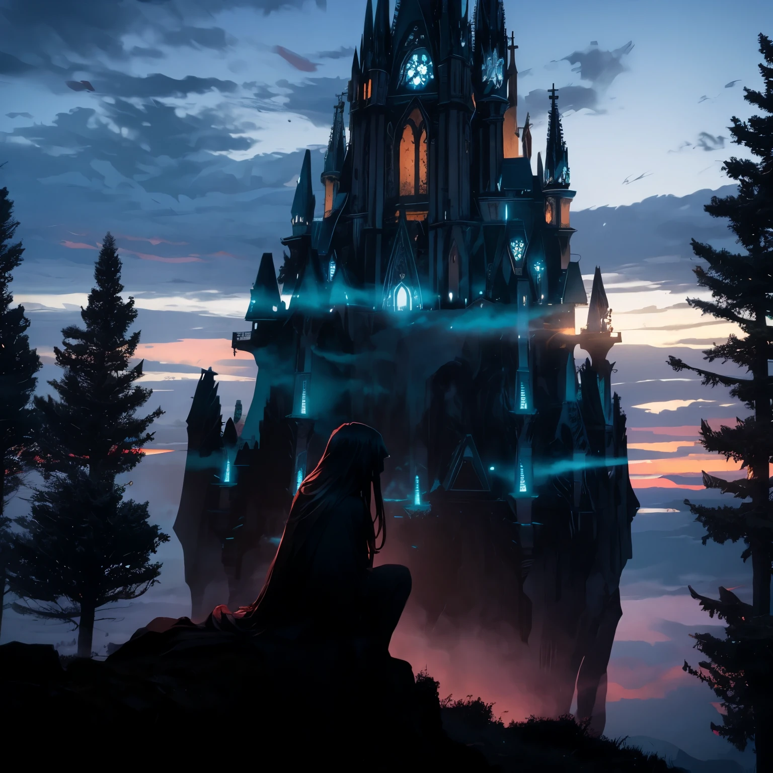 octans, sky, star (sky), scenery, starry sky, night, 1girl, night sky, solo, outdoors, building, cloud, milky way, sitting, tree, long hair, city, silhouette, cityscape, High castle, holy paladin