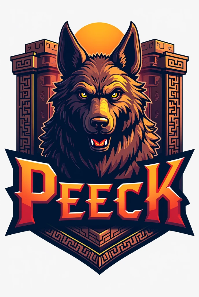 mayan style dog logo, for a sports team named Peeck that has striking colors but the dog looks imposing and that everything is surrounded by a border in the shape of a Mayan shield that has the name Peeck with striking words that the border has more Aztec details that has the dog glyph that has more details of Mayan structures in the background and on the shield