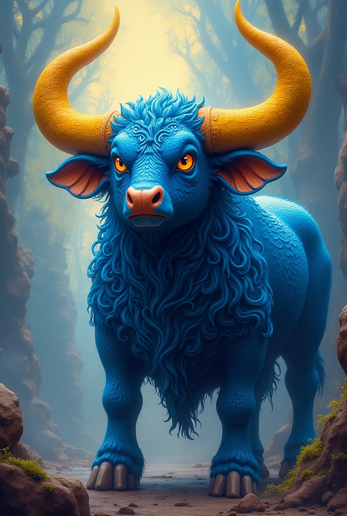 A Mexican alebrije of an ultramarine blue bull with yellow horns that looks super imposing