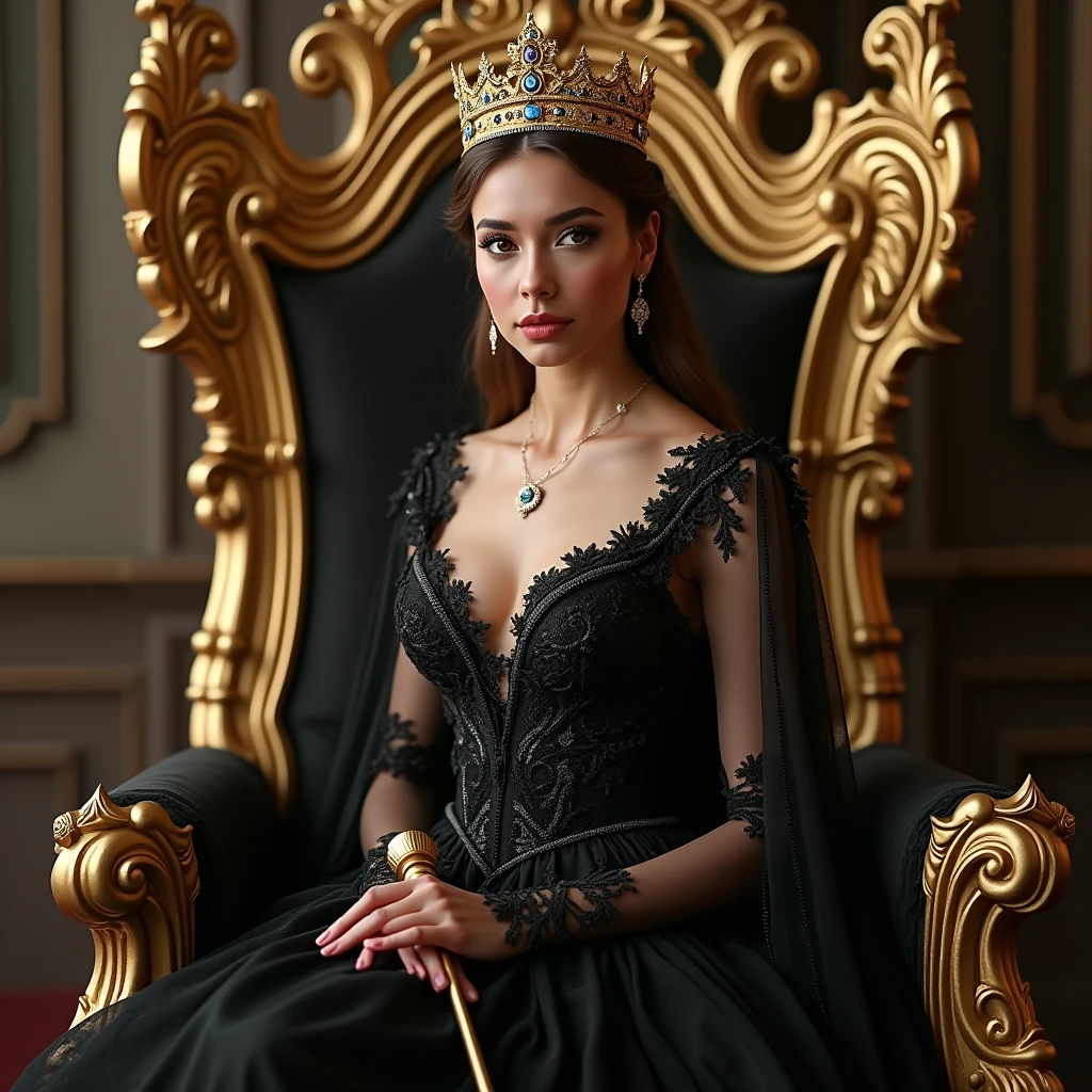 "Create a photo realistic image of a stunning queen with a golden crown, sitting beside a golden throne. She is dressed in an elegant black dress, full of lace and sophisticated details. The queen holds a golden staff in her hands and exudes a captivating charm and stunning beauty.."