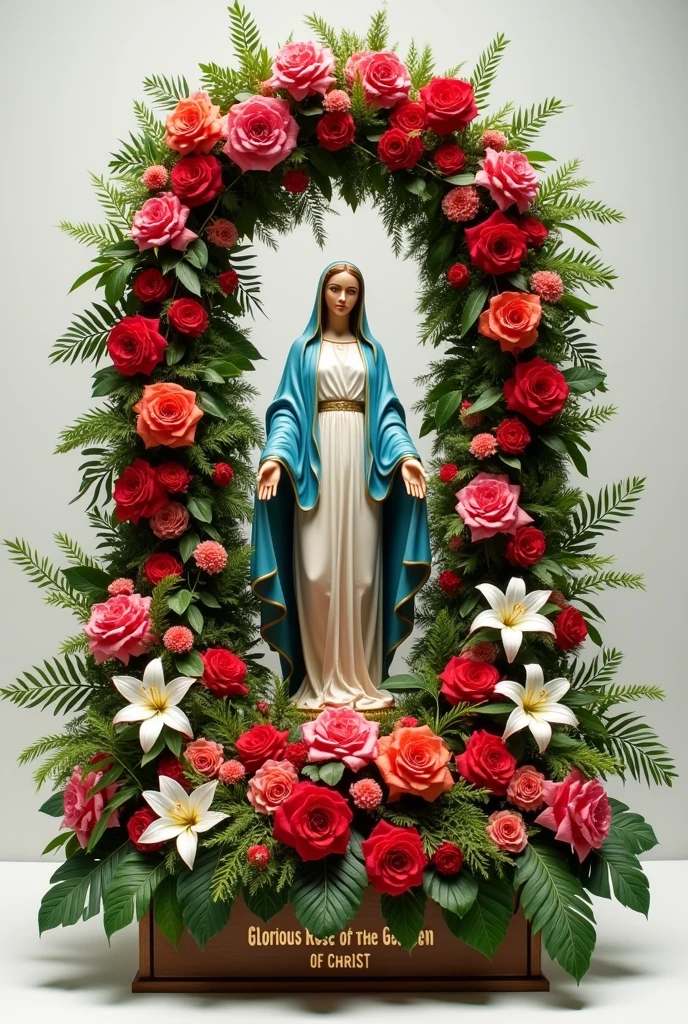 Make me a floral arrangement with an arch of roses halfway up, square base ,with roses, Lilies, palm leaves, pompoms and with the statue of the Virgin Mary in the center, that says the title “Glorious Rose of the Garden of Christ” on the written base ,
make it look real