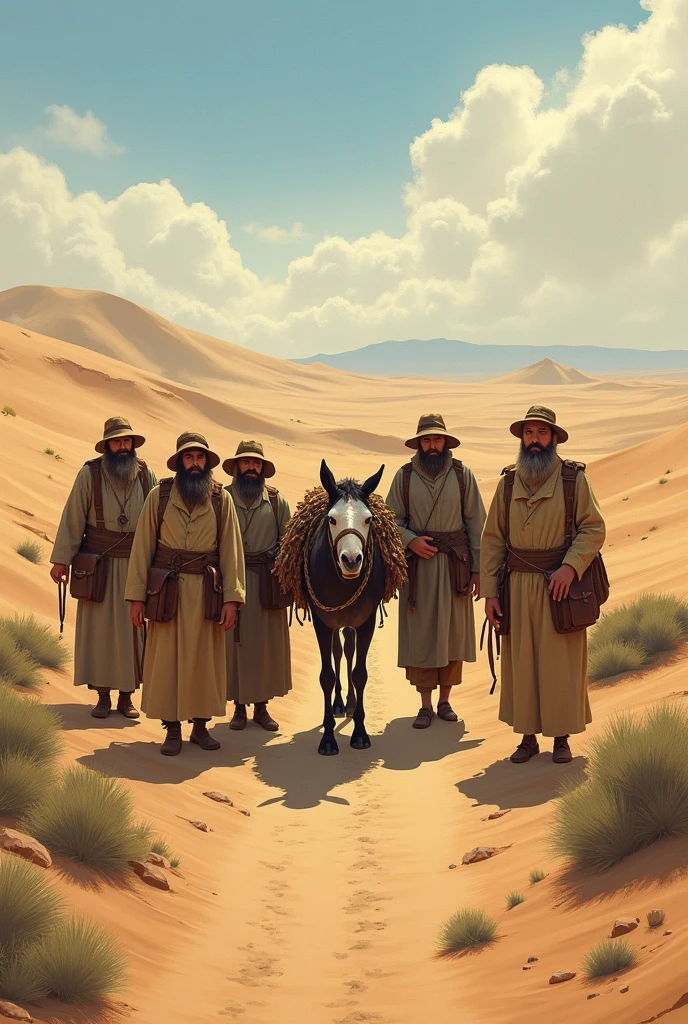 A caravan of missionaries and mules stops on a road, One of the mules refuses to move forward, The missionaries are confused.