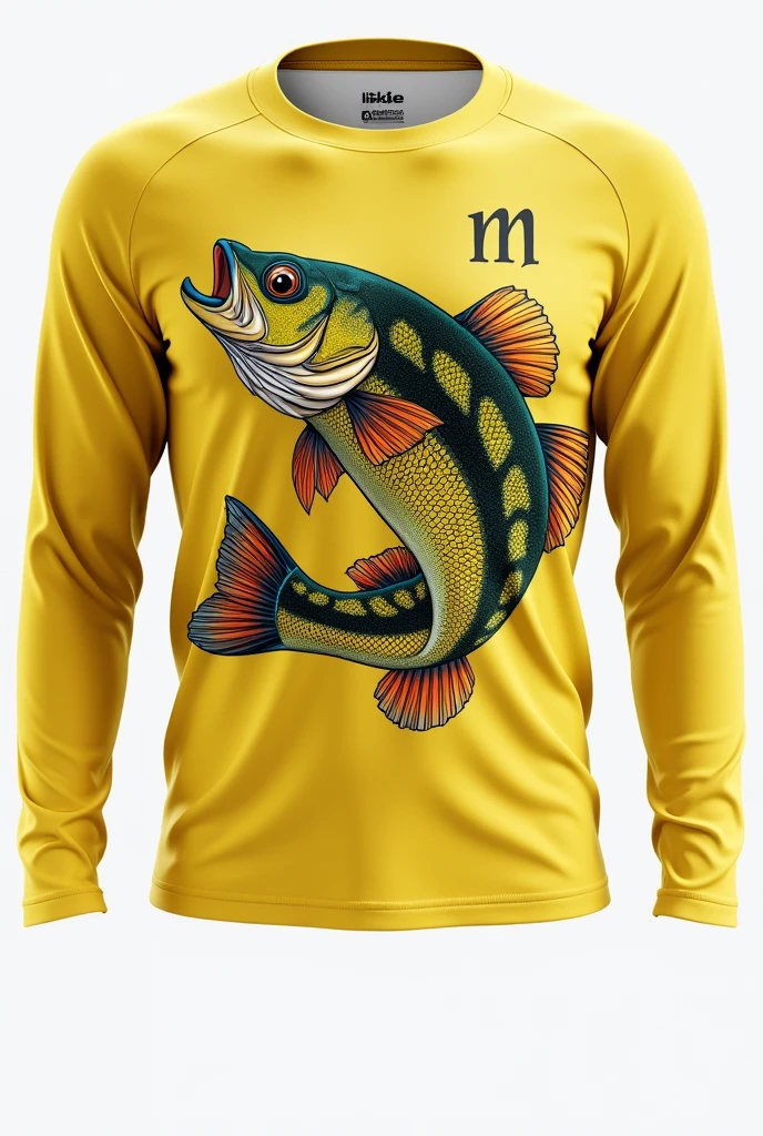 Long sleeve thermal t-shirt, with a yellow peacock bass with black stripes, written MS