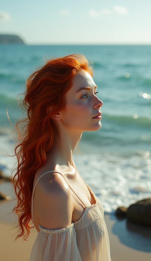 create a redhead girl looking at the sea young about 27