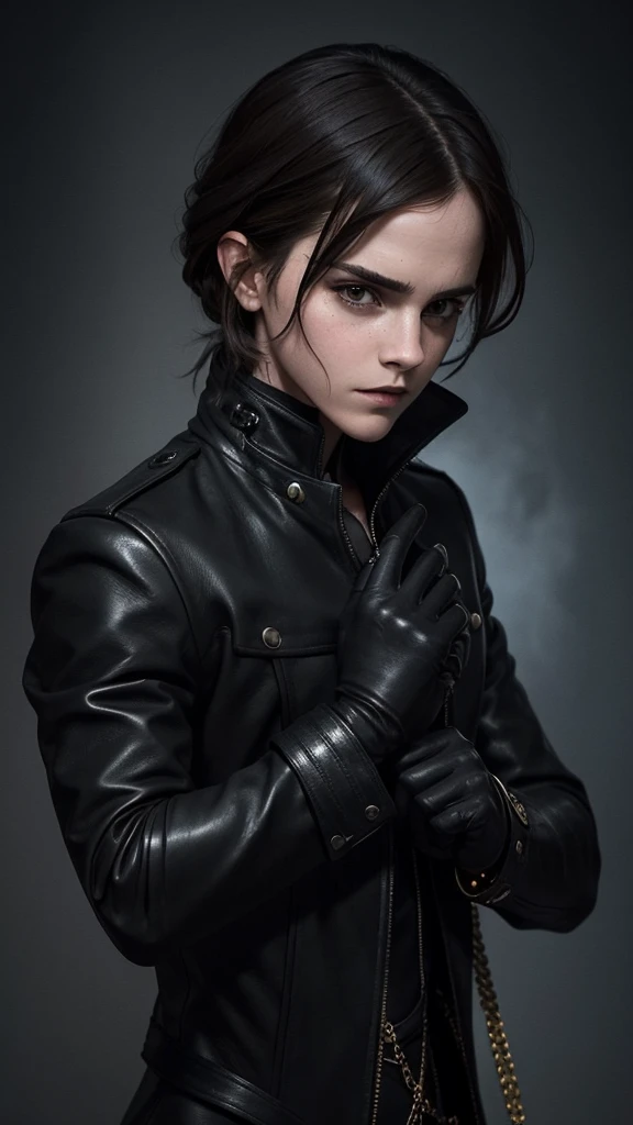 Create a Emma Watson character inspired by the image. This character is a dark, enigmatic figure, embodying a blend of elegance and danger. Dressed in a sleek, black, leather outfit adorned with intricate golden buckles and accessories, he exudes a commanding presence. His expression is cold and detached, with sharp, striking features and dark hair falling messily over his face. He holds a slender whip in his gloved hand, hinting at a dominant and possibly sinister nature. The background should be shadowy and minimalistic, emphasizing the character's aura of mystery and control.