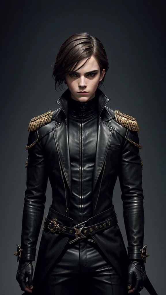 Create a Emma Watson character inspired by the image. This character is a dark, enigmatic figure, embodying a blend of elegance and danger. Dressed in a sleek, black, leather outfit adorned with intricate golden buckles and accessories, he exudes a commanding presence. His expression is cold and detached, with sharp, striking features and dark hair falling messily over his face. He holds a slender whip in his gloved hand, hinting at a dominant and possibly sinister nature. The background should be shadowy and minimalistic, emphasizing the character's aura of mystery and control.