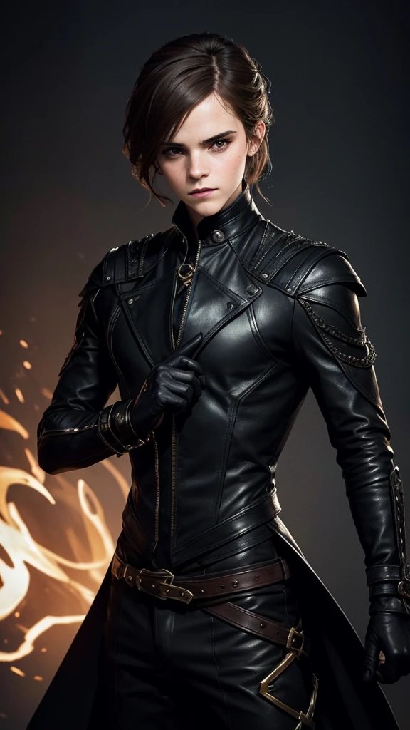 Create a Emma Watson character inspired by the image. This character is a dark, enigmatic figure, embodying a blend of elegance and danger. Dressed in a sleek, black, leather outfit adorned with intricate golden buckles and accessories, he exudes a commanding presence. His expression is cold and detached, with sharp, striking features and dark hair falling messily over his face. He holds a slender whip in his gloved hand, hinting at a dominant and possibly sinister nature. The background should be shadowy and minimalistic, emphasizing the character's aura of mystery and control.