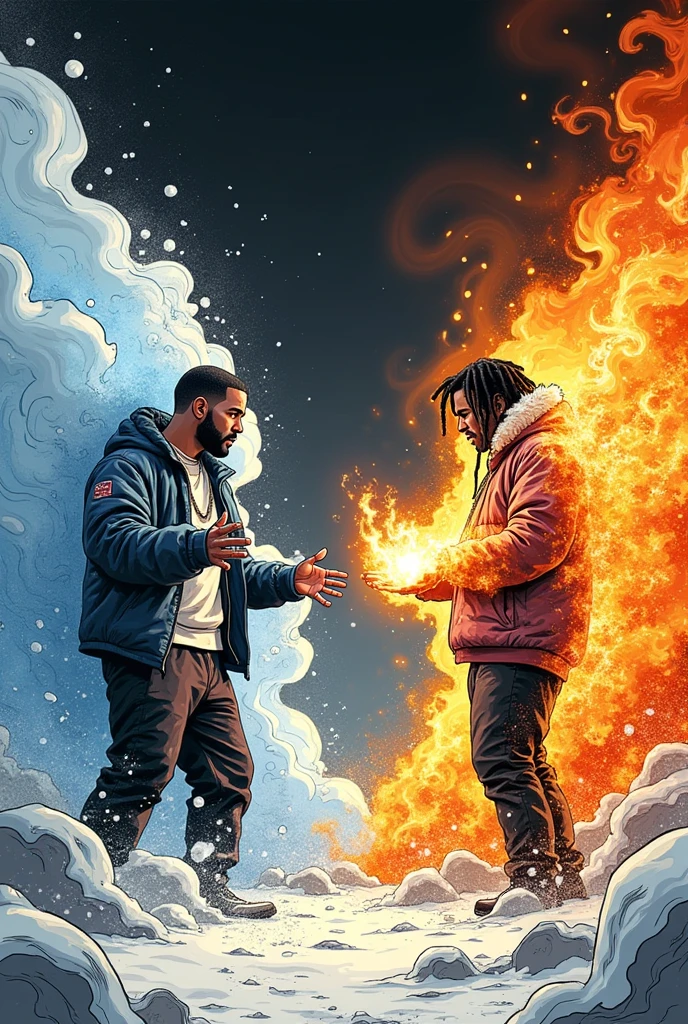 rapper drake(dizzy) and rapper Kendrick Lamar fighting and drake was snow user and Kendrick Lamar was fire user drake was lost and in manga art style no other people fight in grave background is more dark and white only white and black and more more full effect and full body