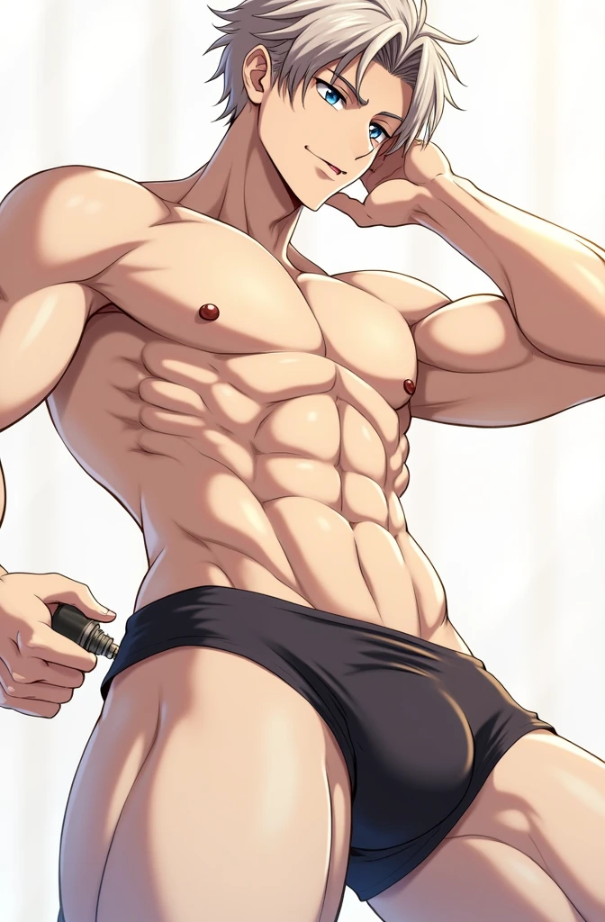 Two muscular anime men hugging each other pressing their hips naked pressing their penises