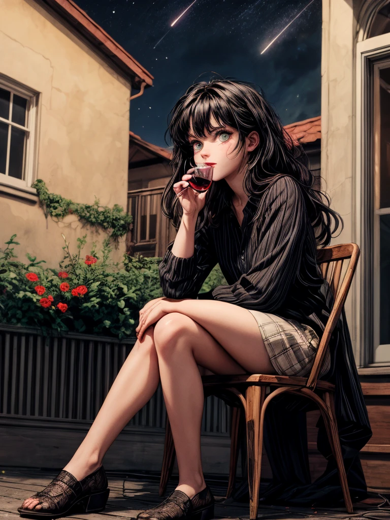 beautiful woman, (((full body))), ((background outdoor house)), (best quality), 1girl, solo A room with glass windows, curtains, a young woman with long black hair, red hair , White eyes with red pupils stare at sky, sitting on a chair, She is sitting and drink wild in front of the house., There are flowers, flower pots, a table, a wine glass, a wine bottle, a lamp, a black cat, Outside the window, there is a dark sky and stars.