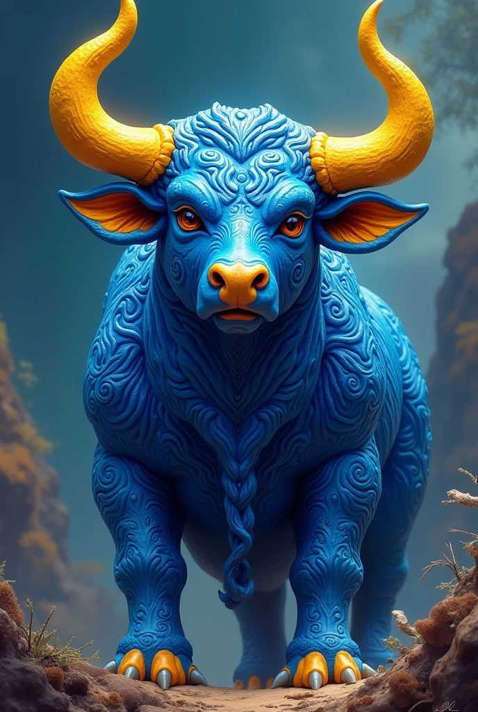 A Mexican alebrije of an ultramarine blue bull with yellow horns that looks super imposing 