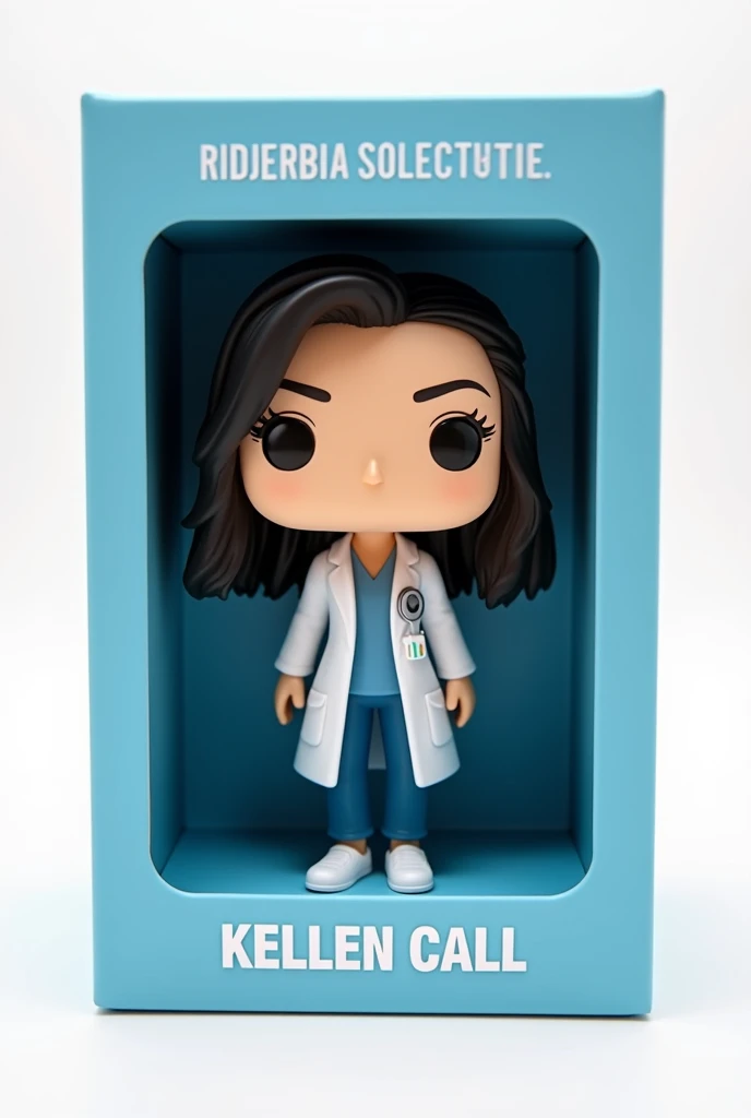 Create a Funko Pop of a kellen call, Brunetette, with slanted eyes, long black hair, dressed as a doctor. Funk must be presented inside and outside a blue box "unlimited editing". The box must also allow viewing of the funko, Typography, the rendering must be in 3D with a white background