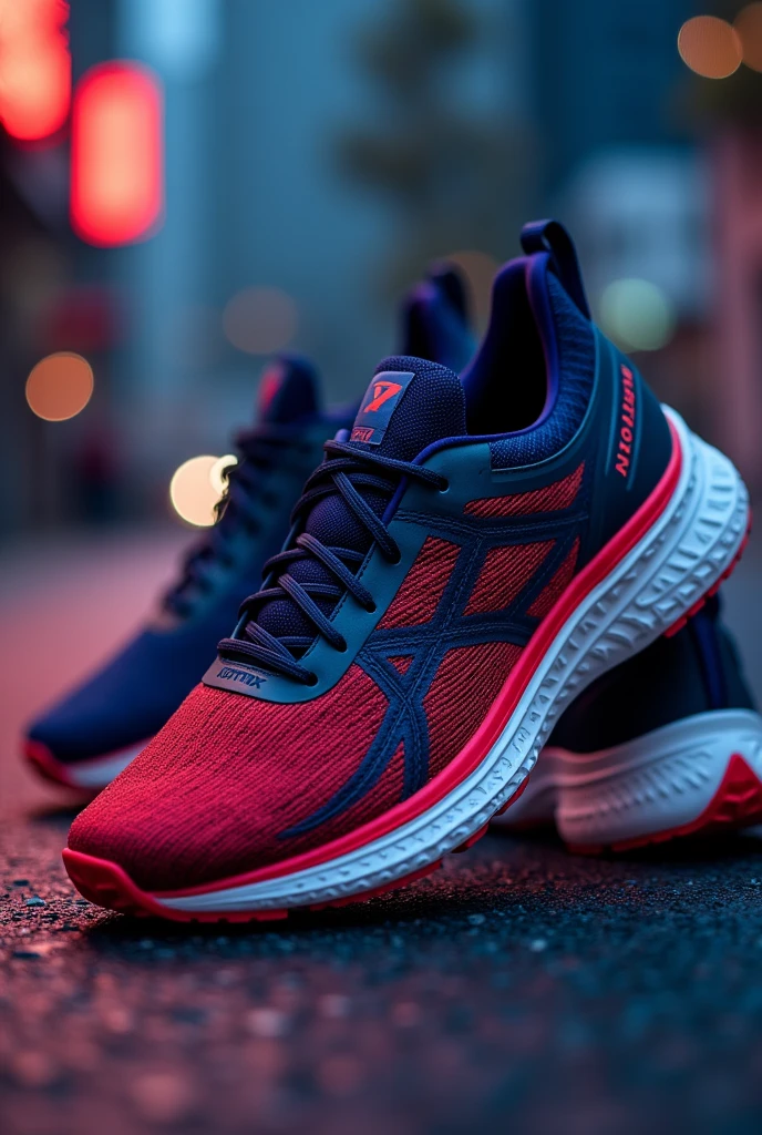 Modern running sports shoes in deep red and blue colors from a name brand "VORTIX".