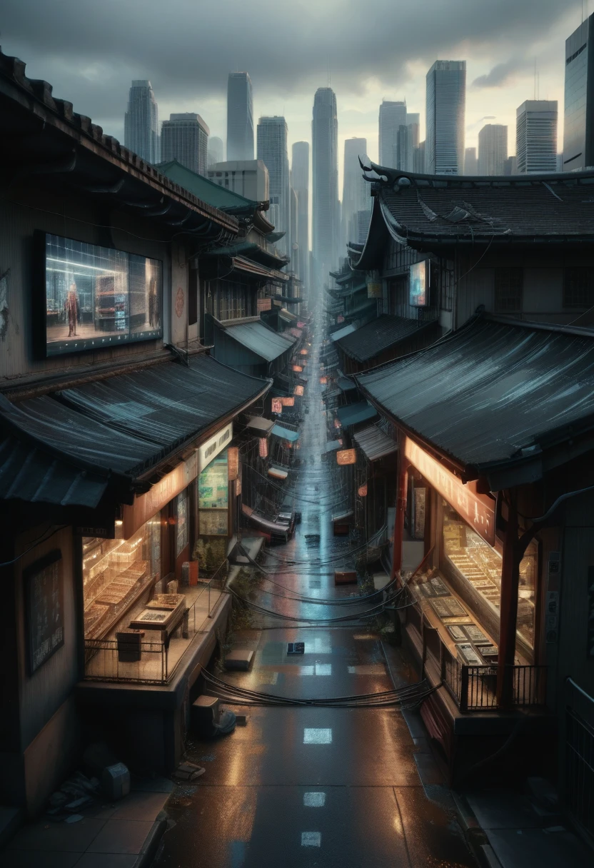 Cyberpunk city from sci-fi movie, empty street, night, chinoiserie buildings, old shop, irregular, circuit boards, wires, intricate, super detailed, realistic, hyper realistic, high quality, best, super detailed, crazy Detail, Very Detailed, Photorealistic, Epic Composition, Best Quality, 32k --v 6