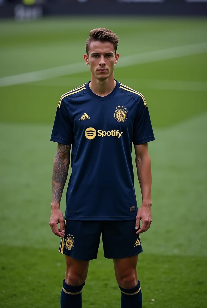 Dark blue soccer uniform with more noticeable gold lines, Adidas and Spotify logo