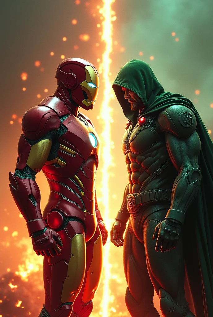 Create a dramatic, high-contrast scene featuring two characters standing back-to-back. On the left, a character in a red and gold armored suit, similar to Iron Man, with a glowing visor and intricate, sleek design. On the right, a dark and mysterious figure in a green, hooded, armored outfit with a menacing presence, reminiscent of Doctor Doom. The two characters are separated by a fiery, molten line down the center, symbolizing their conflict. The background is filled with floating embers and particles, with one side of the scene dominated by warm, red-orange tones and the other by cool, greenish-blue hues. The overall mood is intense, showcasing the tension between the two powerful figures." Show them he fought with each other