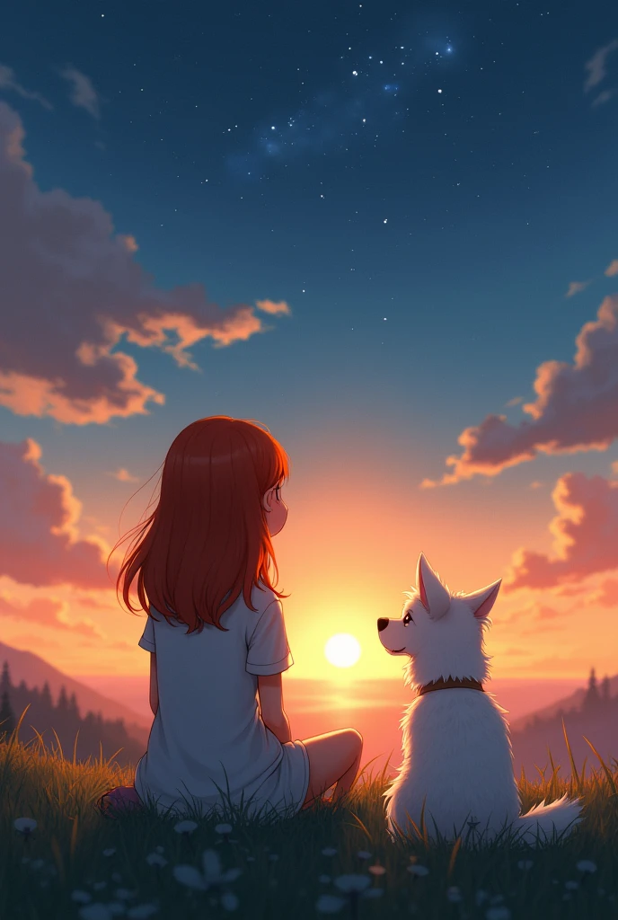 Redhead girl with white skin color sitting with her back to here with her little dog podlee watching the sunset and the stars