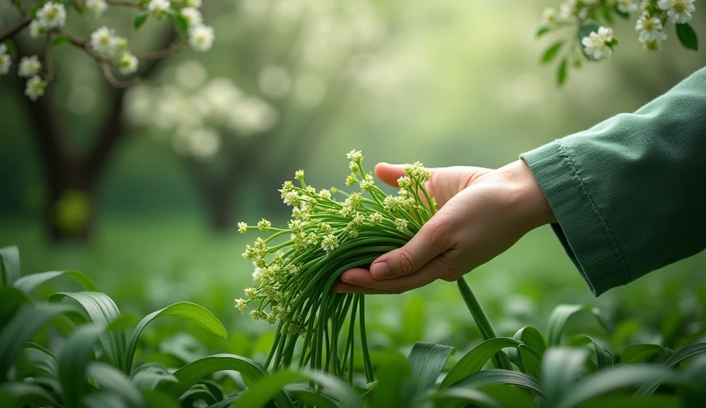 In the osmanthus forest,A hand picked the chives with green flowers(best quality,4K,8k,High level,masterpiece:1.2),Ultra Detailed,(lifelike,Photo real,Photo real:1.37)