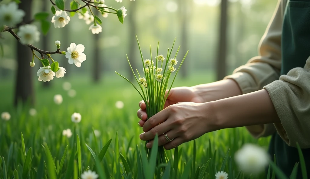 In the osmanthus forest，A hand picked the chives with green flowers（best quality，4K，8k，High level，masterpiece：1.2），Ultra Detailed，（lifelike，Photo real，Photo real：1.37）