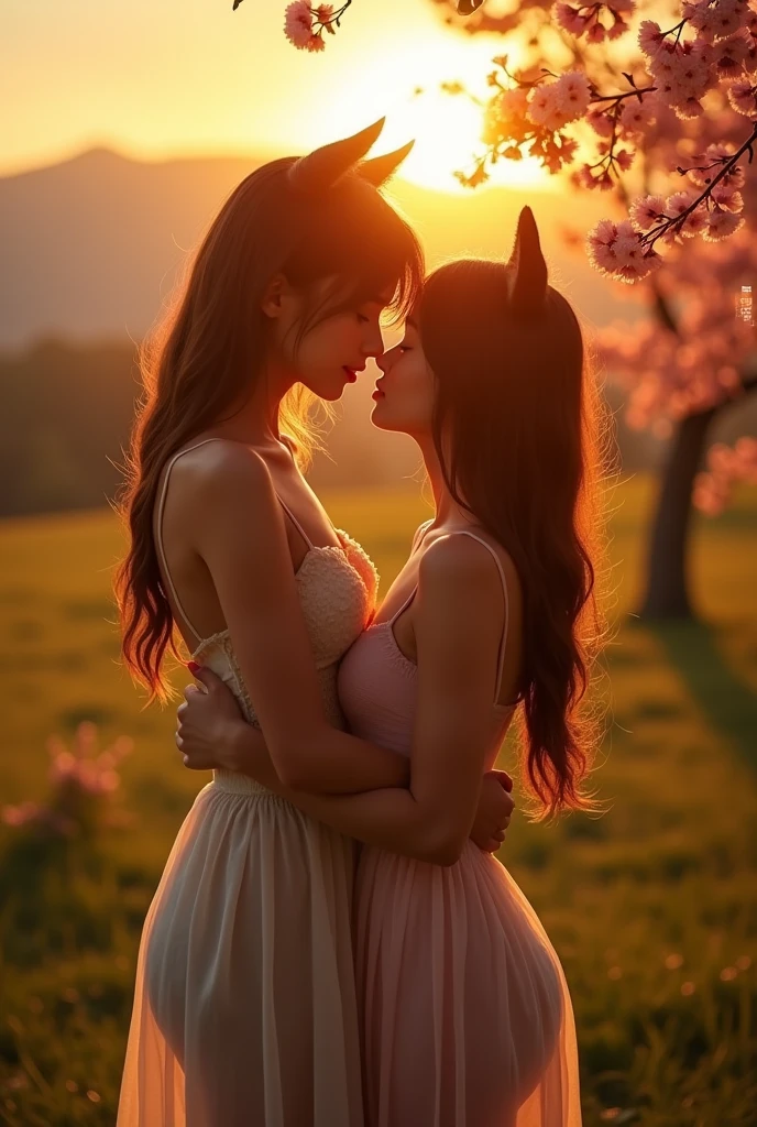 Two sexy girls kissing sitting next to a man in a field, 8k sensual lighting, beautiful romantic sunset, under a beautiful cherry tree, Goldenhour, cat ears, in the golden hour, at sunset, bathed in golden light, light and transparent dresses. Hot with the sun shining, in the golden hour, golden hour scene, golden hour, beautiful and hot scene.