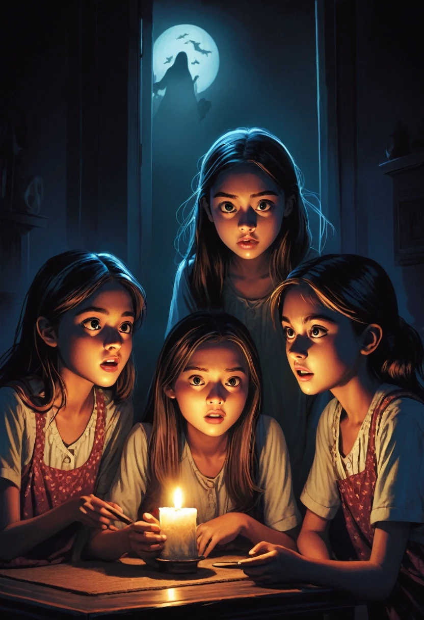 A half body, portrait of 3 girls German long blonde hair of 12 yearsather jackets, holding in their hands a cross, background of chains, chain, more chains, many chains, , red, red fire, many background flames. A FEW CANDLES LIT,