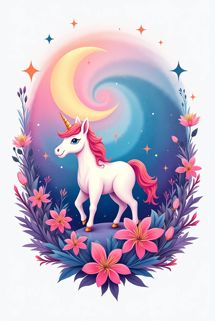 A logo that says "unicverse" that has a pink and light blue color that has a star combined with a moon with a galaxy and plants background 

