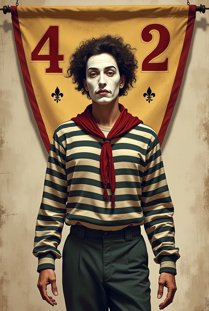 Create an image for a Scout pennant with the name Marcel Marceau (that has something representative of it, for example a mime) that has group 2 written on it and the name of the chosen character in Spanish and that has a realistic design