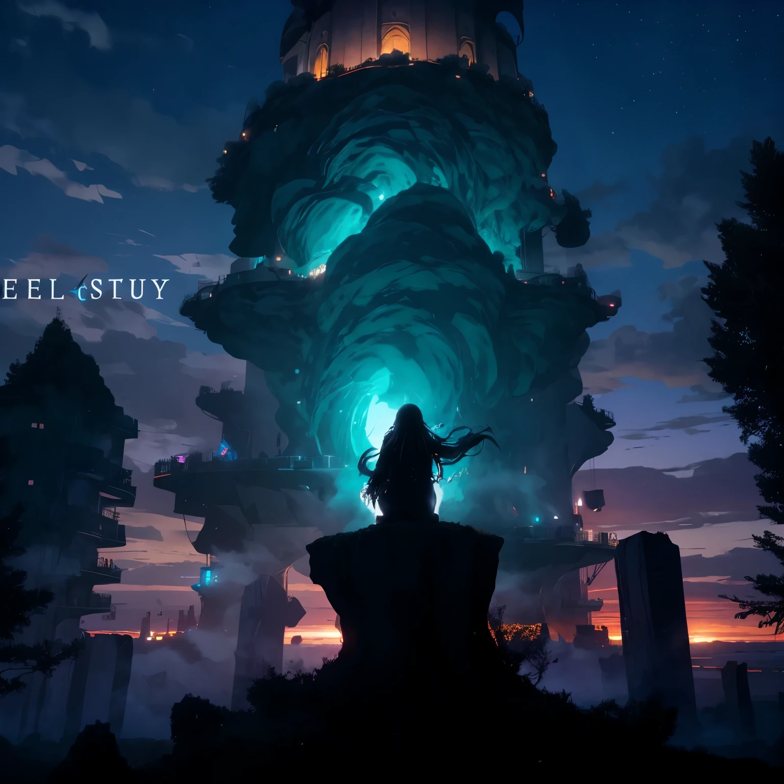 octans, sky, star (sky), scenery, starry sky, night, 1girl, night sky, solo, outdoors, building, cloud, milky way, sitting, tree, long hair, city, silhouette, cityscape, High tower, holy paladin