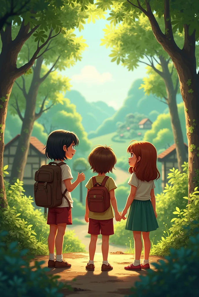 3 children sharing their experience in the forest with the village. The children look back and there are two girls and a boy.