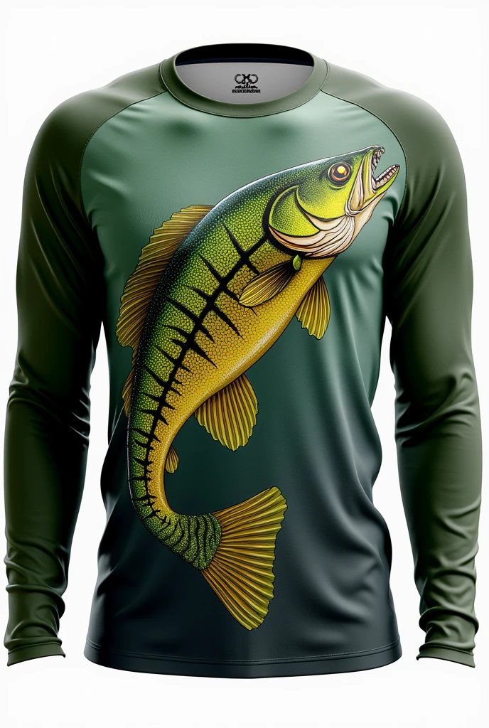 Long sleeve thermal t-shirt, with a greenish-yellow peacock bass with black stripes, written fisherman's ranch MS