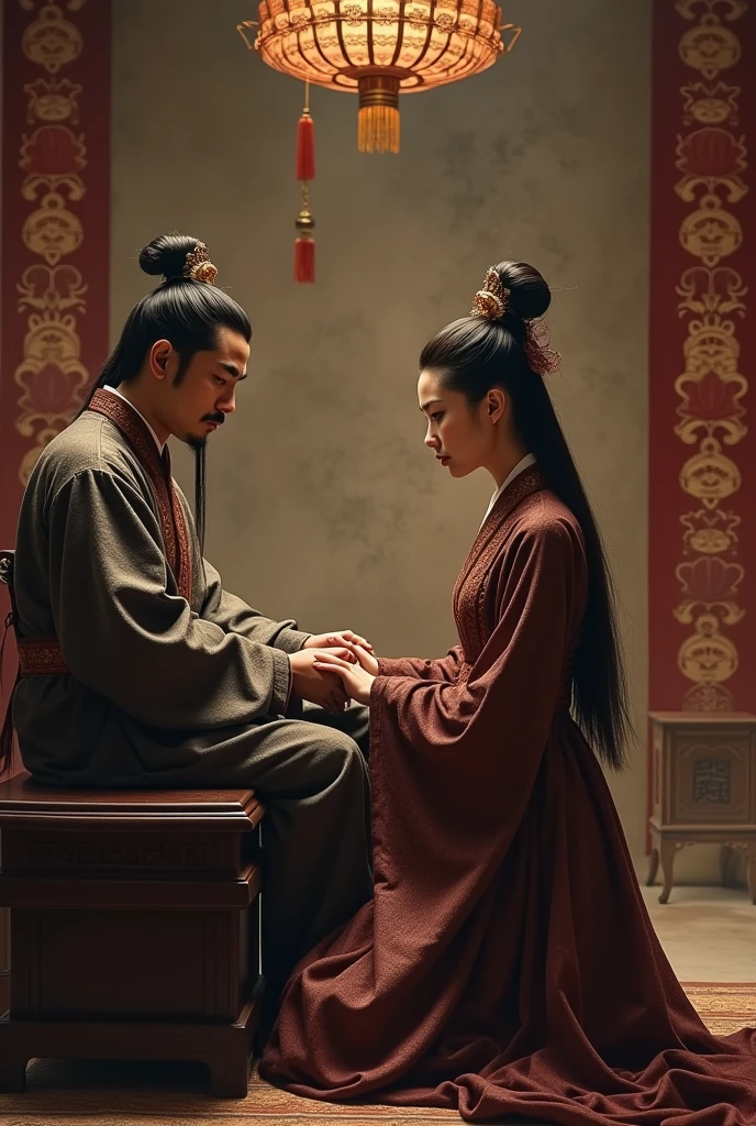 A beautiful young woman with a expression, dressed in a dark brown dress of a Han Fu Dynasty official, bowed before the emperor who was sitting at a table in the study. The room was decorated with luxurious patterns in the style of the great dynasty.