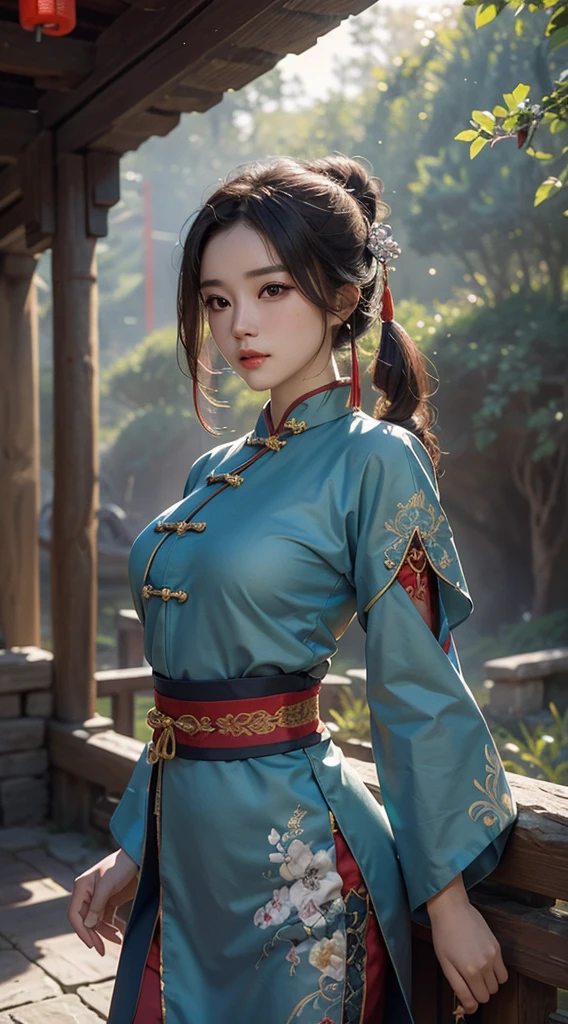 one-girl， Ancient Chinese clothing， full bodyesbian， rays of sunshine， Clear face， Ancient Chinese battlefield background，Deep background， tmasterpiece， super detailing， Epic composition， hyper HD， high qulity， extremely detaile， offcial art， Uniform 8k wallpaper， super detailing， 32k