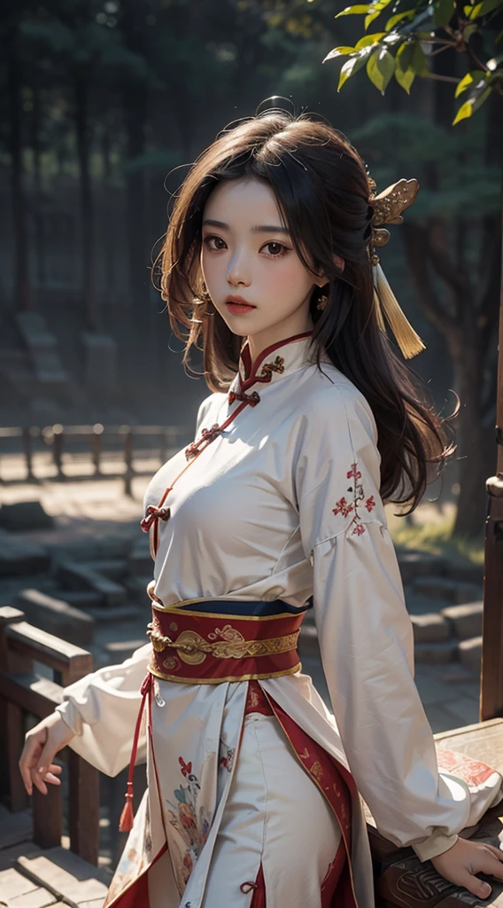 one-girl, Ancient Chinese clothing, full bodyesbian, rays of sunshine, Clear face, Ancient Chinese battlefield background,Deep background, tmasterpiece, super detailing, Epic composition, hyper HD, high qulity, extremely detaile, offcial art, Uniform 8k wallpaper, super detailing, 32k