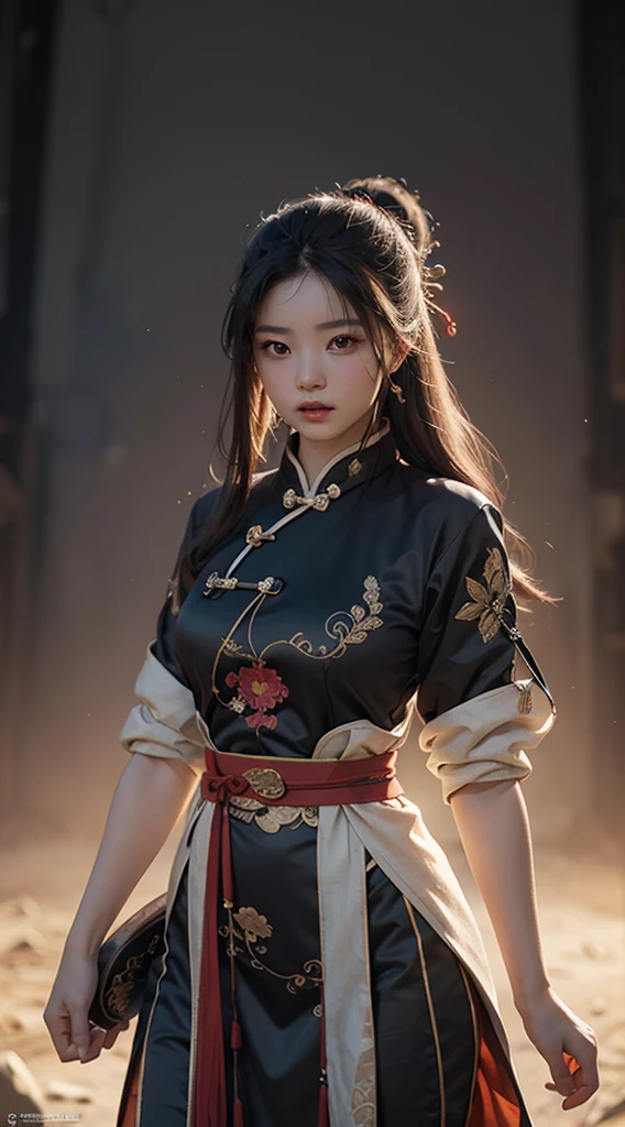 one-girl, Ancient Chinese clothing, full bodyesbian, rays of sunshine, Clear face, Ancient Chinese battlefield background,Deep background, tmasterpiece, super detailing, Epic composition, hyper HD, high qulity, extremely detaile, offcial art, Uniform 8k wallpaper, super detailing, 32k