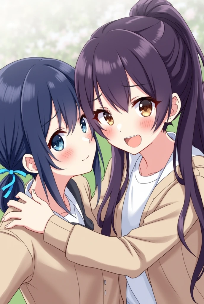 Please an image of a girl with pale skin, dark blue hair that she wears tied with vlaro blue ribbons in two low pigtails, the right one in front of her while the left one rests behind her back, and blue eyes taking a selfie while She kisses the cheek of another girl with dark purple hair tied in a long ponytail that reaches her thighs, with thin amber eyes, slightly blushing and surprised. Wearing a school uniform that consists of a formal jacket with a beige collar along with a white t-shirt underneath.