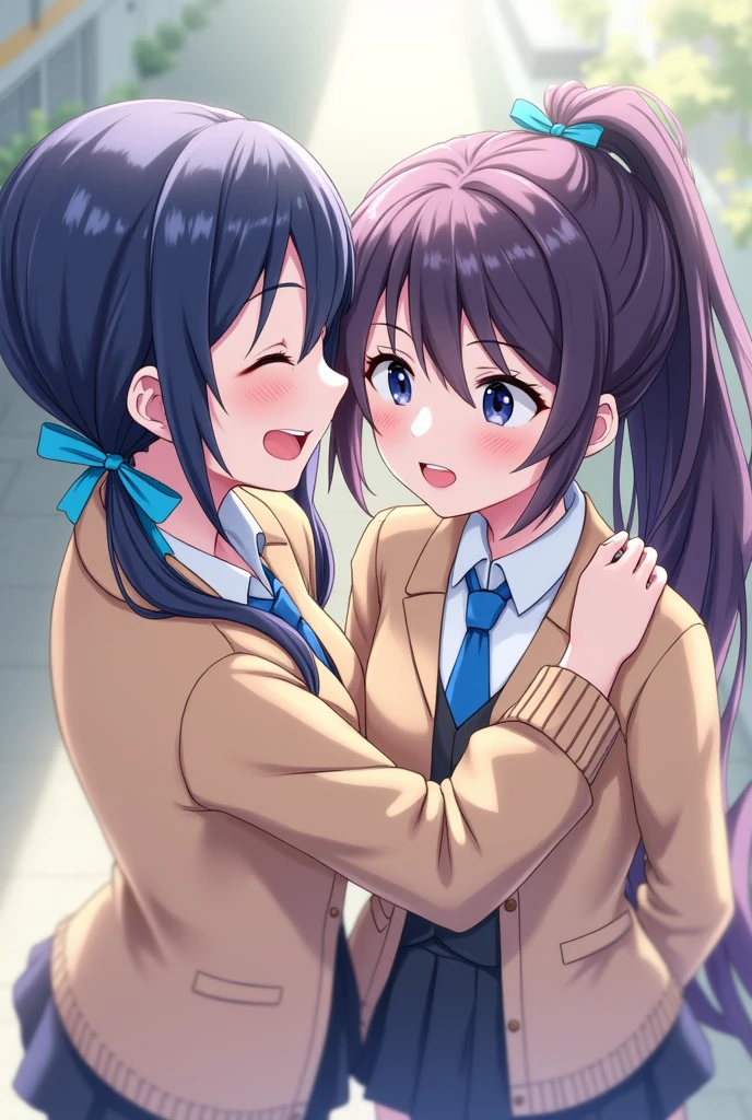 Please an image of a girl with pale skin, dark blue hair that she wears tied with vlaro blue ribbons in two low pigtails, the right one in front of her while the left one rests behind her back, and blue eyes taking a selfie while She kisses the cheek of another girl with dark purple hair tied in a long ponytail that reaches her thighs, with thin amber eyes, slightly blushing and surprised. Wearing a school uniform that consists of a formal jacket with a beige collar along with a white t-shirt underneath.