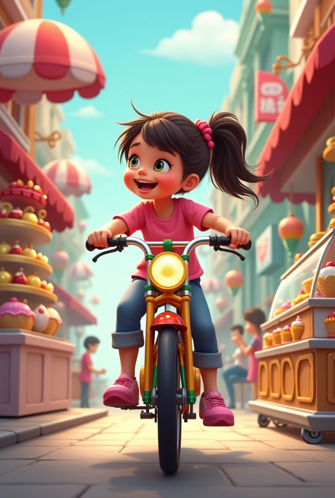 Girl in pink shirt on cycle cart dessert outlet