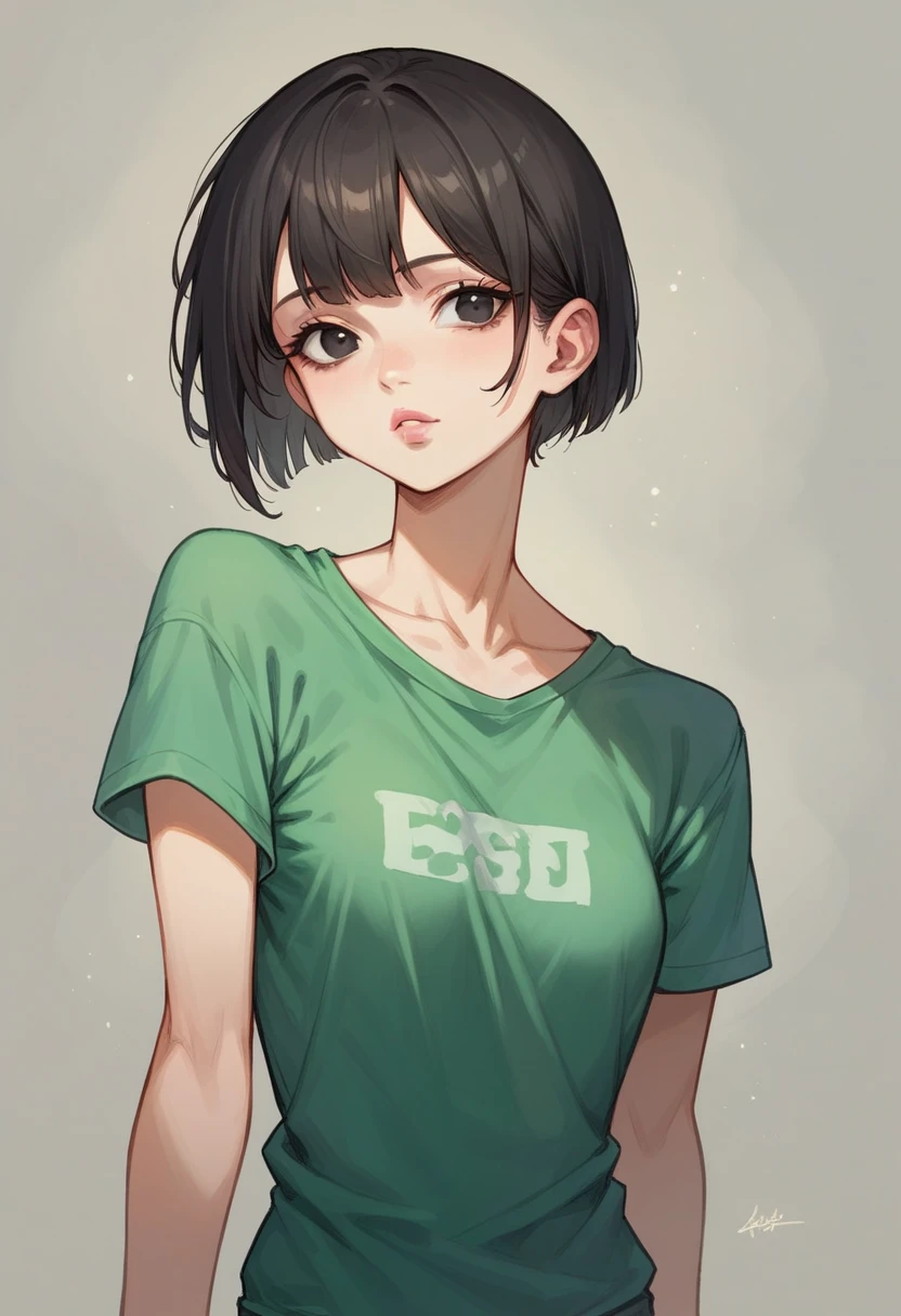 girl with black straight hair,cut to shoulder length ,black eyes, pretty face, pink lips,slim, green t-shirt,medium chest,slim,image of face and shoulders Half up