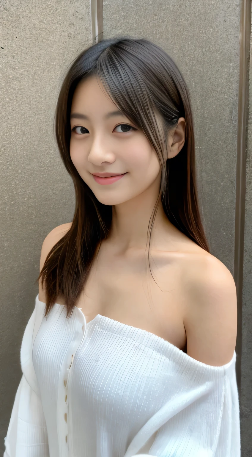 masterpiece,best quality,(Japanese girl),((Beautiful girl)),cleavage,(off shoulder:1.2),(perfect body beauty:1.2),(shy smile),From above