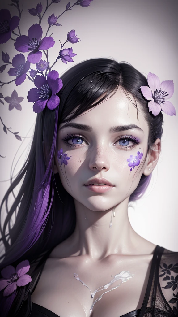 A black and white photograph of a woman's face with a wet watercolor painting of a floral pattern on the left side of her face. The floral pattern is in color, with pink, purple, and blue flowers. The background is blurred and contains greenery