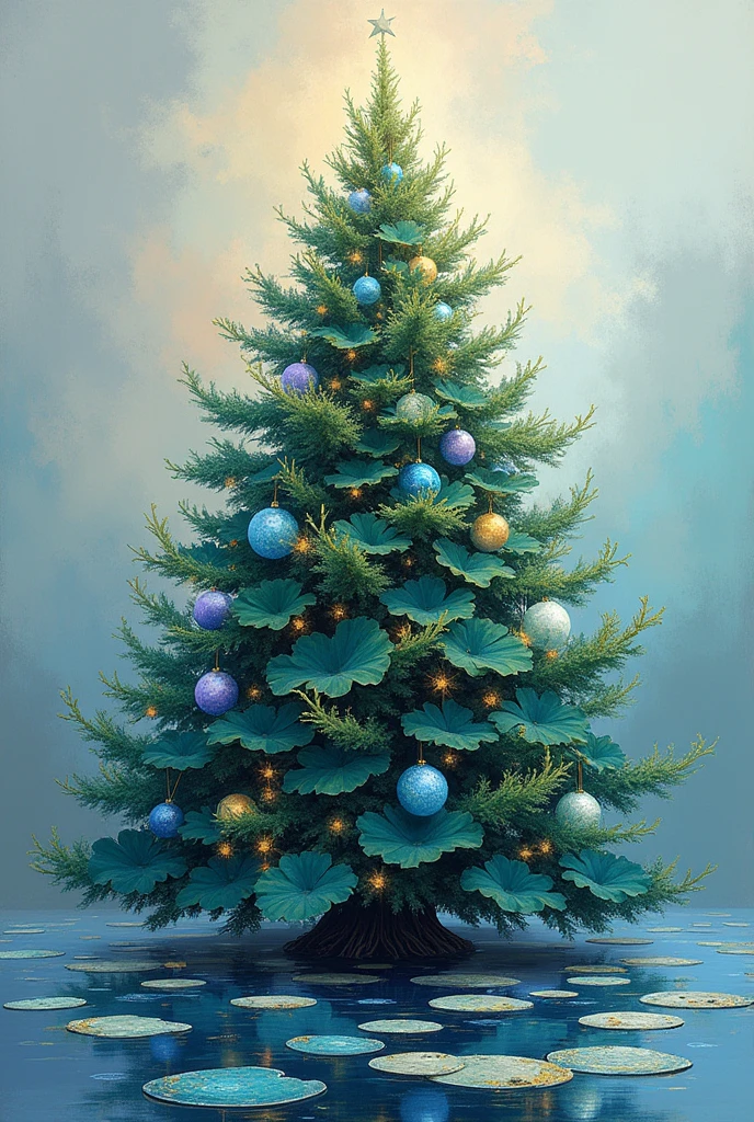 Un sapin de Noël décoré avec une palette de couleurs et des décorations qui s'inspirent des peintures de Claude Monet : Les nympheas
