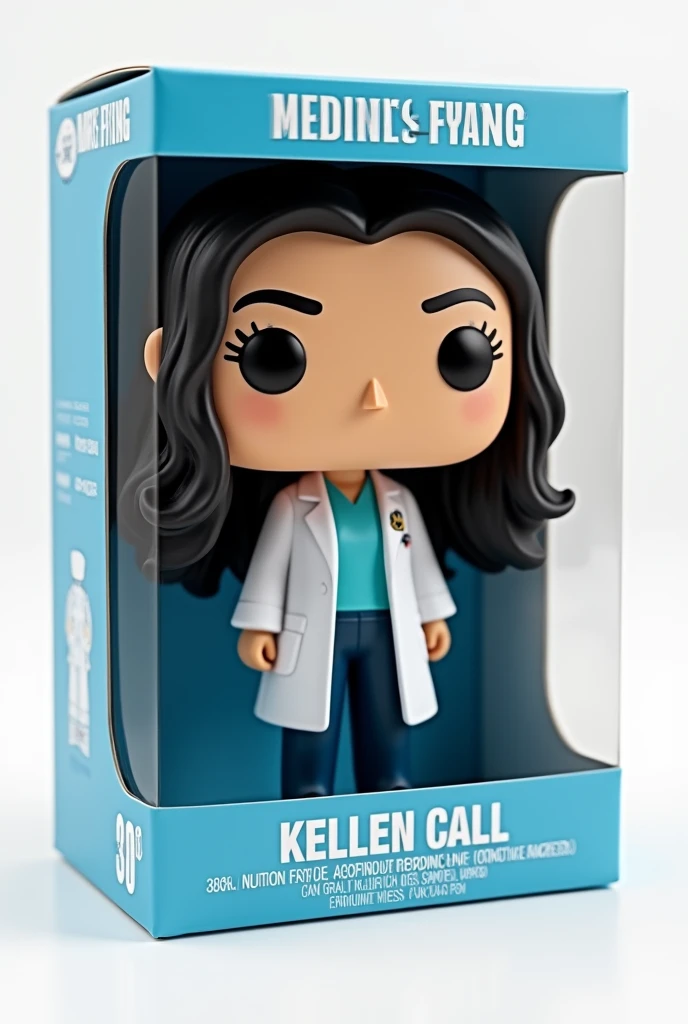 Create a Funko Pop of a kellen call, Brunetette, with slanted eyes, long black hair, dressed as a doctor. Funk must be presented inside and outside a blue box "unlimited editing". The box must also allow viewing of the funko, Typography, the rendering must be in 3D with a white background