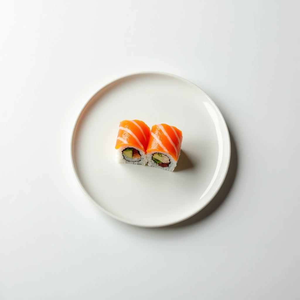 "Top-down angle focusing on a patternless white plate with a neatly arranged large New York roll on a patternless white table."