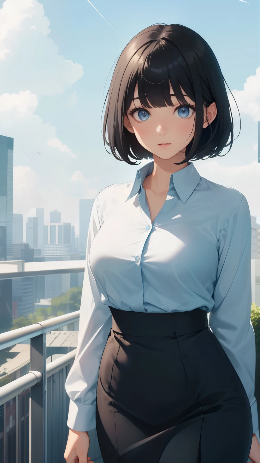 Highest quality, flying debris、Beautiful woman、office lady、Black Hair、(Dark blue eyes、Blunt bangs)、short hair、new employee,whole bodyショット、Female office lady、break(Light blue collarless shirt、black pencil long skirt:1.2)、(black tights、High heels)、break(Outdoor、Summer sky、Looking up at the sky:1.3)、(((whole body)))、Big Breasts