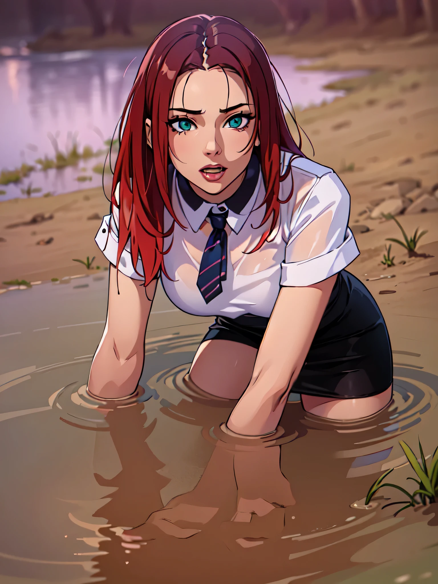 seductive sexy depraved, (young teenager feminine facial features), t-shirt, stockings with garters, pencil skirt,photoshoot posing, drowning in the middle of quicksand, beautiful detailed eyes, sensual detailed lips, extremely detailed clothing, red,  green, morning sky, 