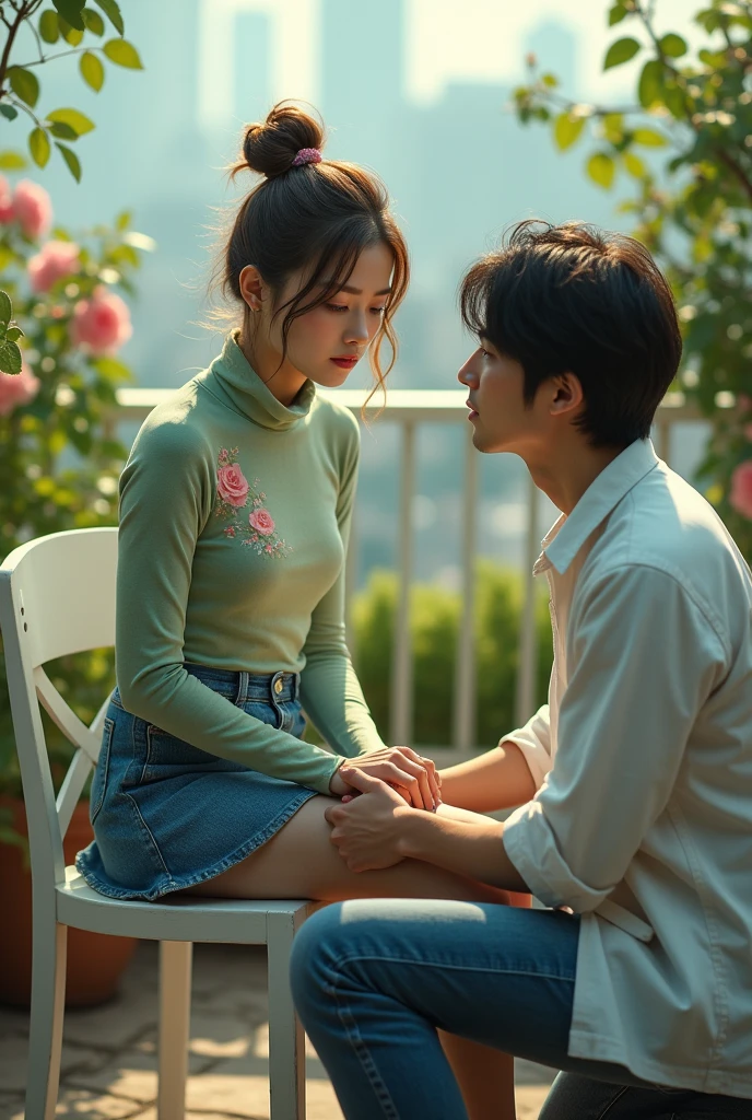 a beautiful japanese woman with messy bun highlighted brown hair, turtle neck light green ((floral print fabric)) inner top and blue jeans skirt, the woman is is sitting on the white garden chair in a rooftop garden, roses vines, the woman's face was sulky, man is on his knee infront of woman and hold her hand. the man is handsome japanese man wearing loose white shirt and jeans. particles and nice lighting, UHD, HDR, 8k, Masterpiece, close up, realistic, hyper realisitc, woman is facing camera, focus on her sulky face.