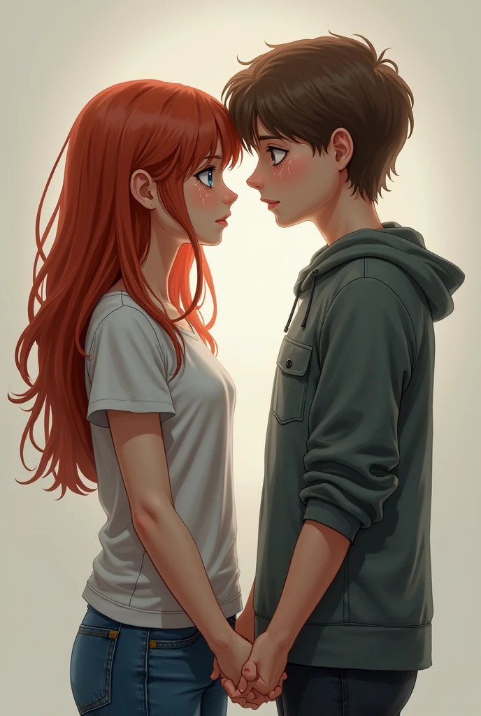 a blue-eyed, red-haired girl and a gray-eyed, brown-haired guy, both in their early twenties, holding hands, standing opposite each other, and both have tears streaming from their eyes