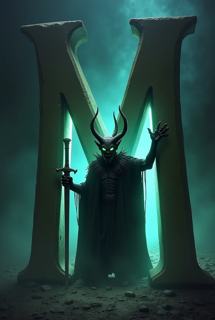 A big m letter which have lighting there inside sitting a dark devil which have a sword background is dark looks