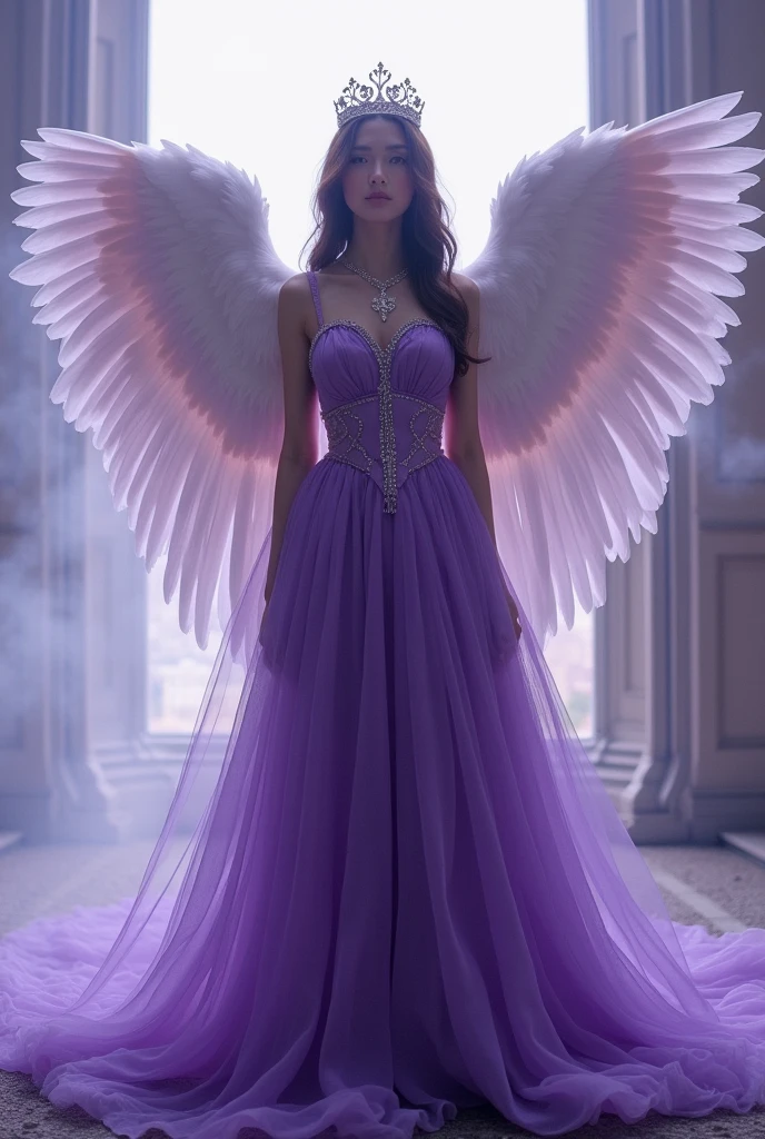 Angel purple white dress with huge wings necklace
Photo framed a girl wearing purple dress and crown plus named on the picture is Yenyen Qhiu